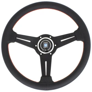 Volante Nardi Classic ND33, cuero negro perforado, radios negros, costuras rojas