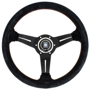 Volante Nardi Deep Corn, ante, radios negros, costuras rojas