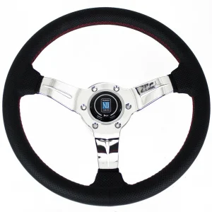 Volante Nardi Deep Corn, cuero perforado negro, radios cromados, costuras rojas