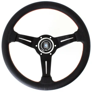 Volante Nardi Deep Corn, cuero perforado negro, radios negros, costuras rojas