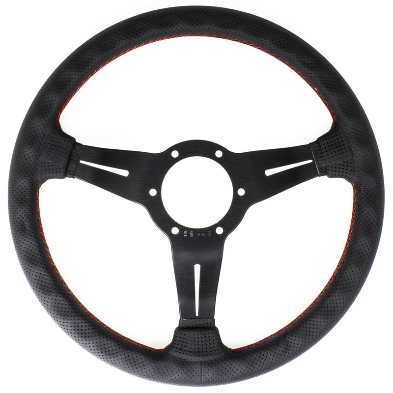Volante Nardi Deep Corn, cuero perforado negro, radios negros, costuras rojas 2 Volante Nardi Deep Corn, cuero perforado negro, radios negros, costuras rojas - Imagen 2